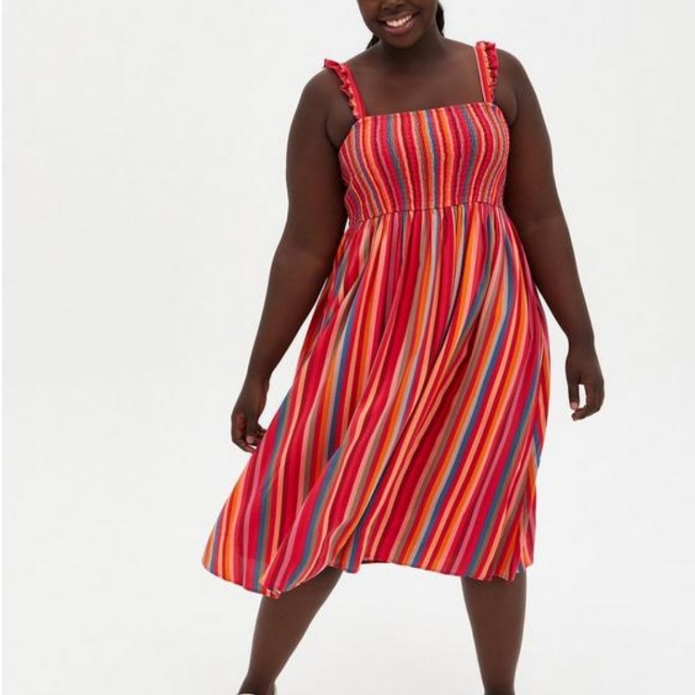 Torrid Women's Size 1X Midi Challis Smocked Tiered Striped Pink Red Dress